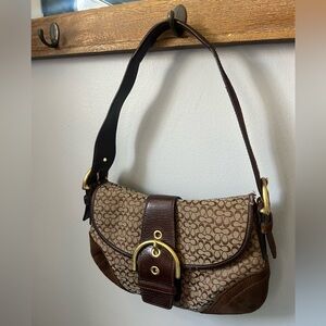 Coach 6818 Y2K Signature Canvas British Tan Leather Suede Buckle Shoulder Bag